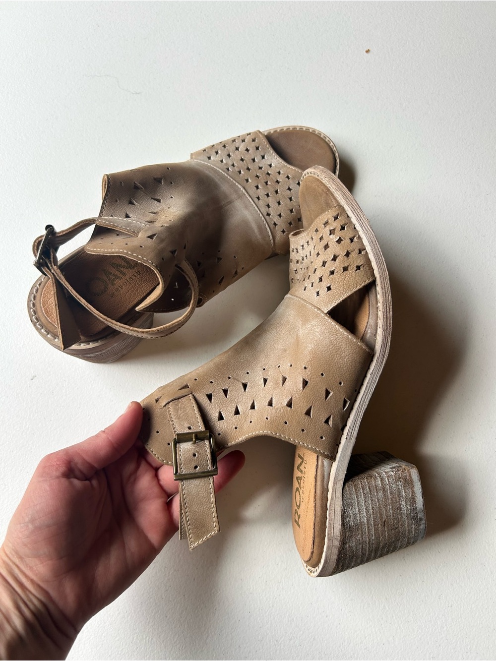 Roan by Bedstu new Taupe Cutout Leather Block Heel Sandals